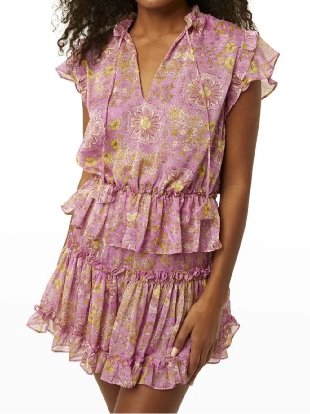 Misa Los Angeles Pink Floral Ruffle Mini Dress